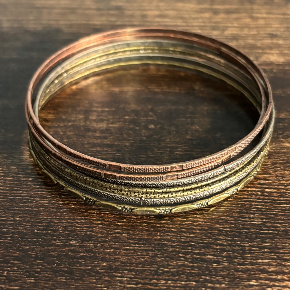 Mixed Metal Textured Bangle Bracelet Set Copper Gold Silver Tone 7 Piece